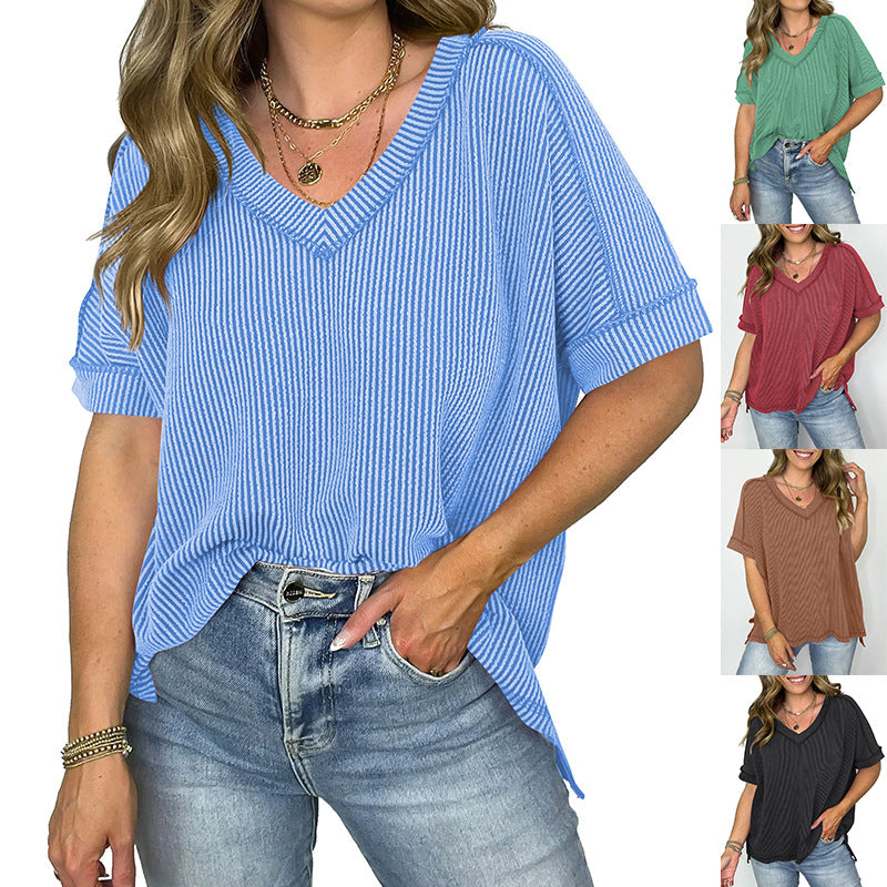 New Twist Strip V-neck Pullover T-shirt