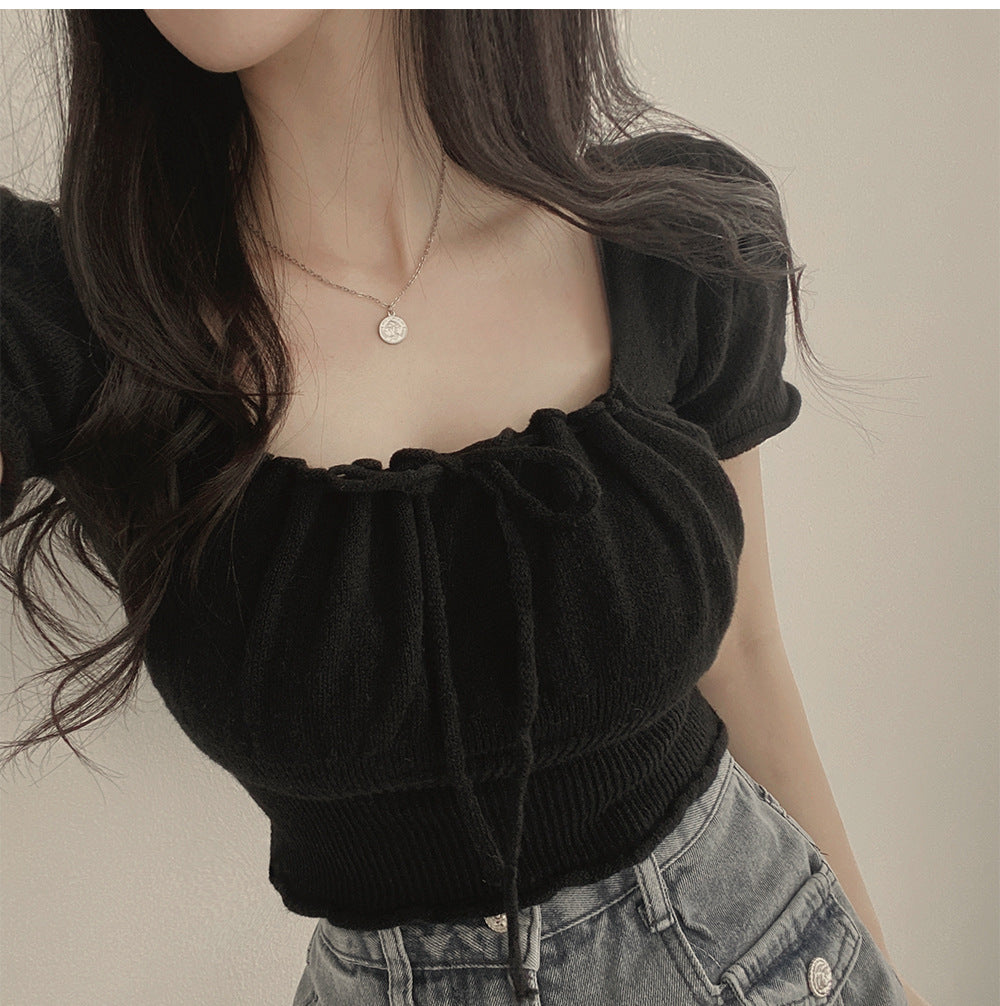 Square Collar Drawstring Short Knitwear Slim Top
