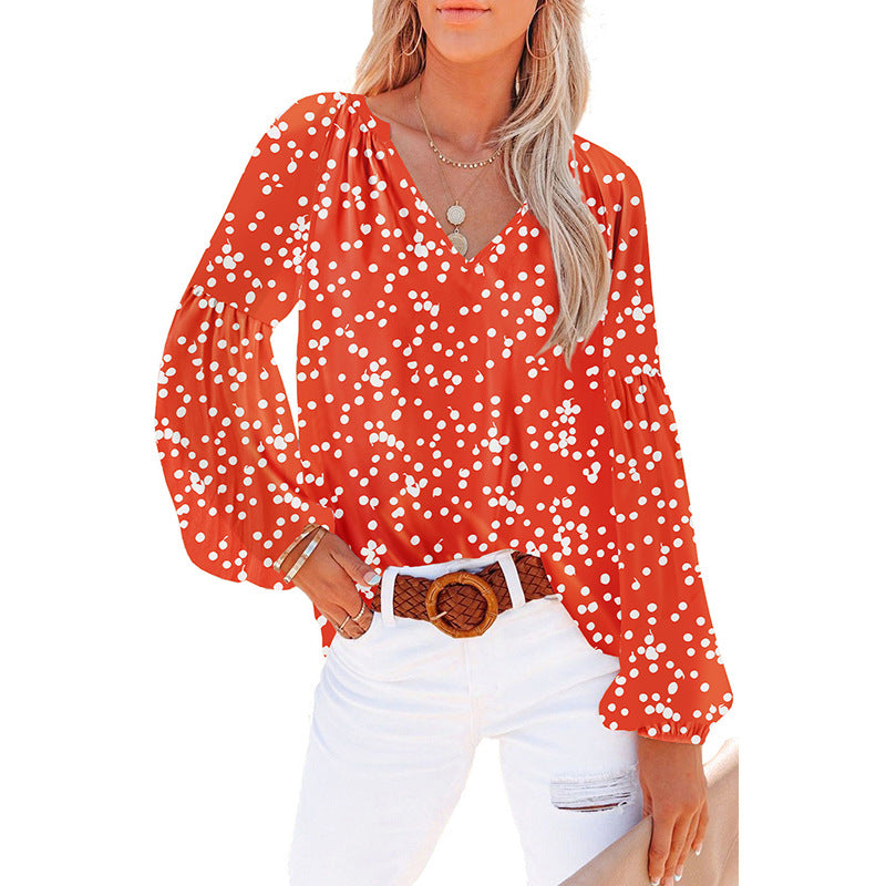 Dames Floral Chiffon Skjorte Løs V-hals Casual Top