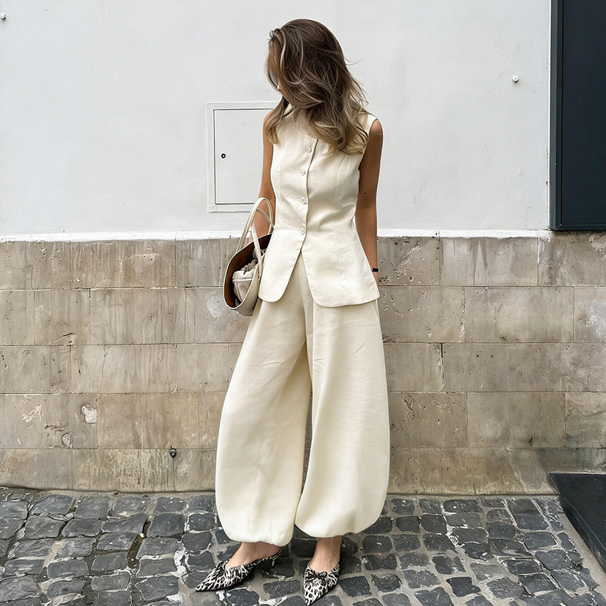 Elegant Commuter Sleeveless Cardigan Top Womens Straight-Leg Pants Long Trousers