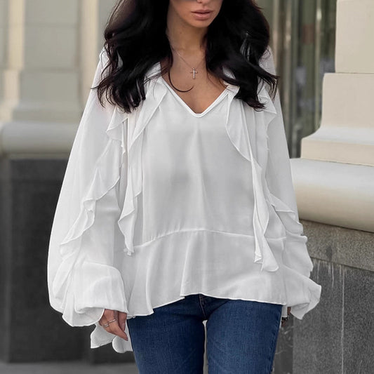 Women's Simple Layered Ruffled V-neck White Shirt