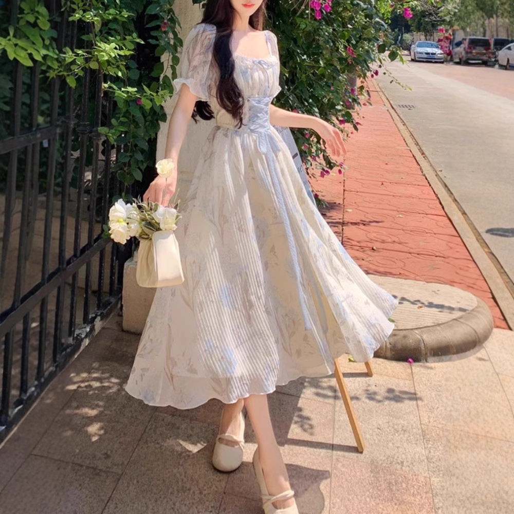 Elegant Floral Lace-Up Waist Dress For Women