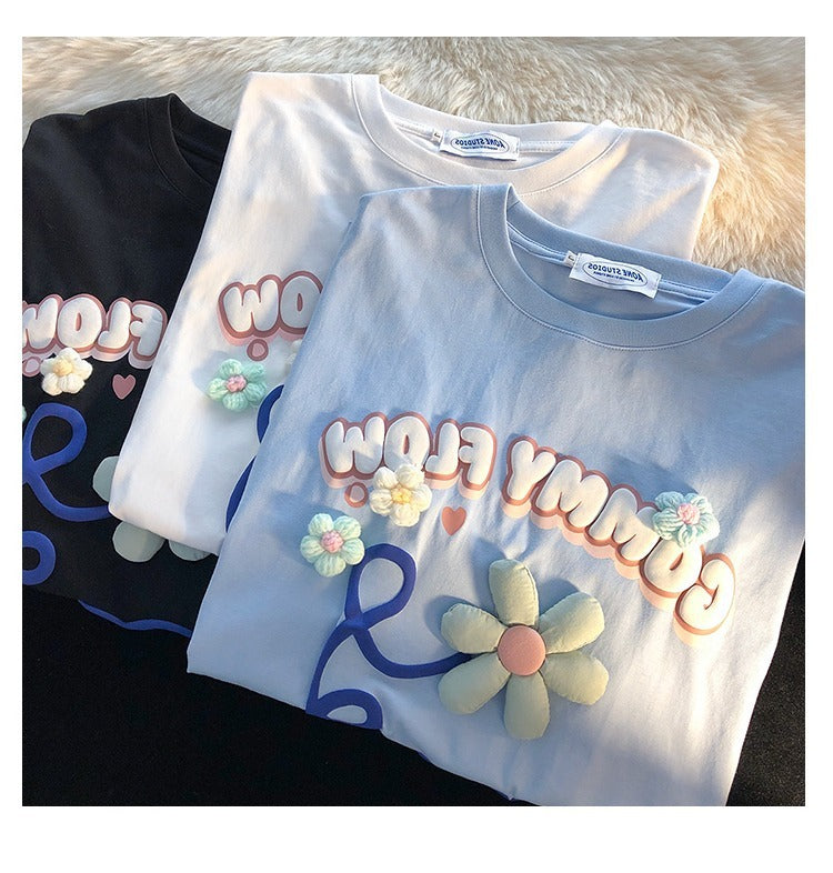 Women's Floral Letter Foam Print Short Sleeve T-shirt