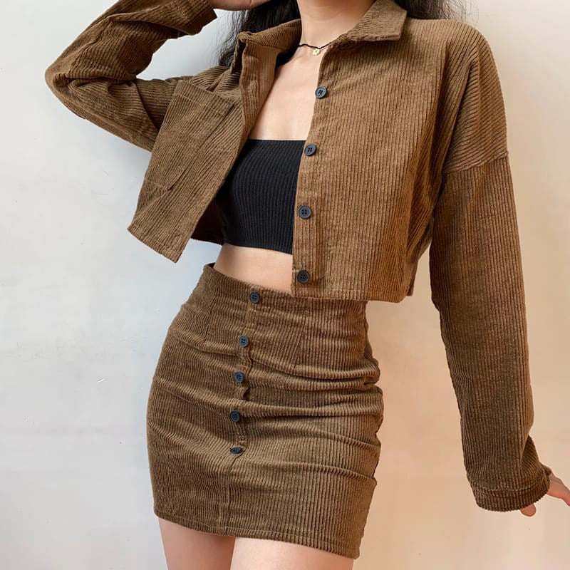 Fashion Casual Short Corduroy Jacket Skirt American Hot Girl Suit
