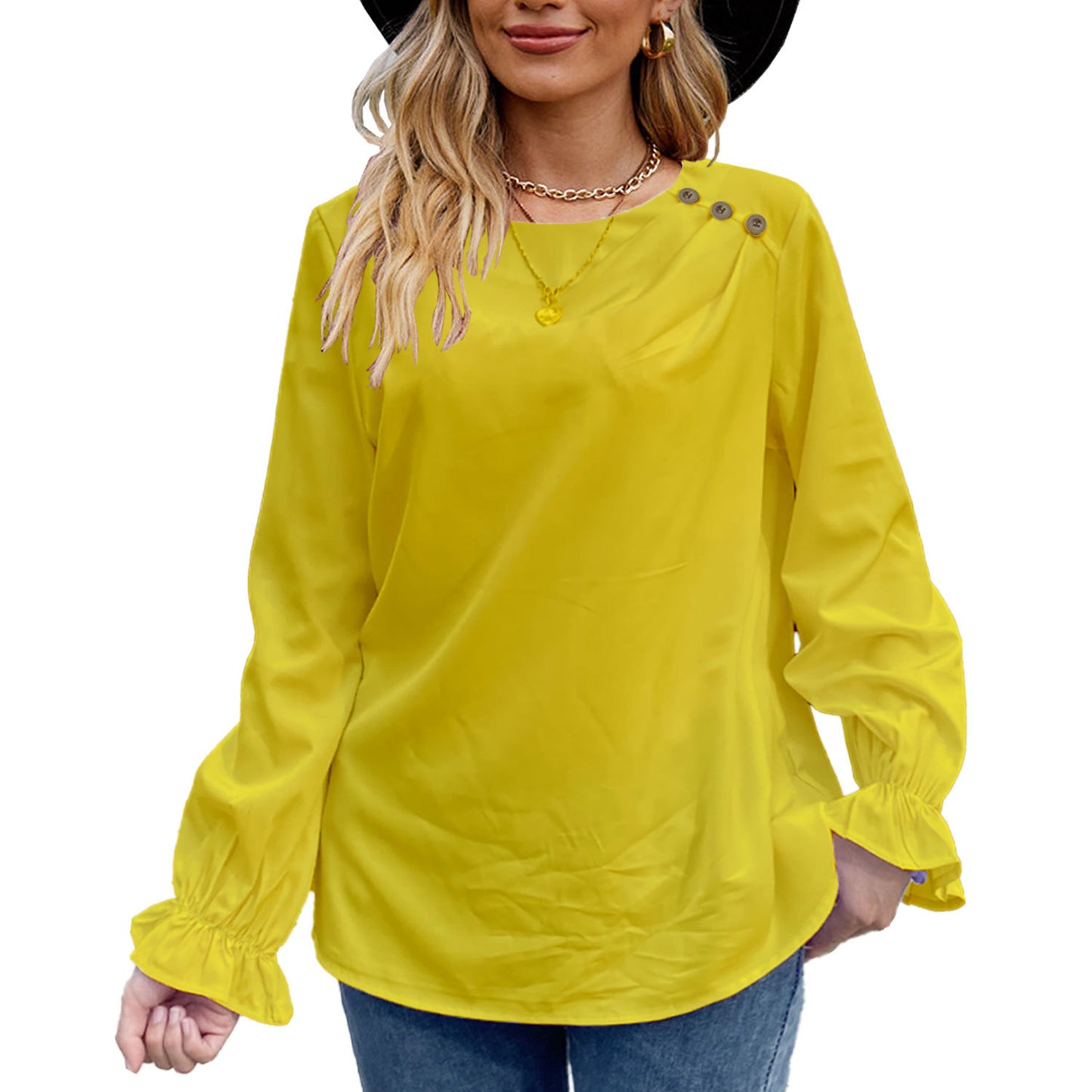 European And American Solid Color Buttons Loose Round Neck Long Sleeve Shirt