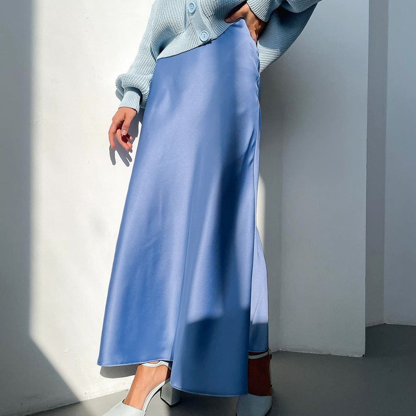 Long Sleeve High Waist Artificial Silk Elegant Fishtail Skirt Draping Satin Slit Skirt