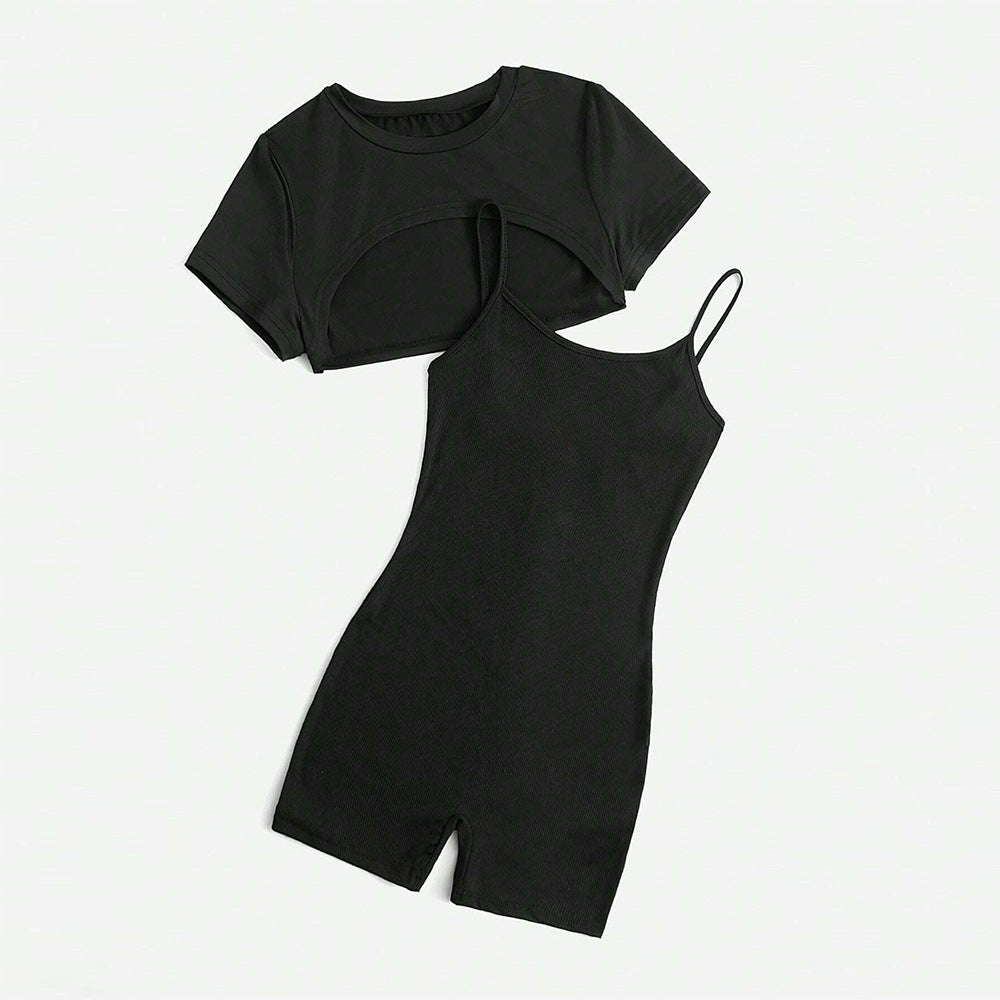 Chic Short Romper Jumpsuit Set With Spaghetti Straps