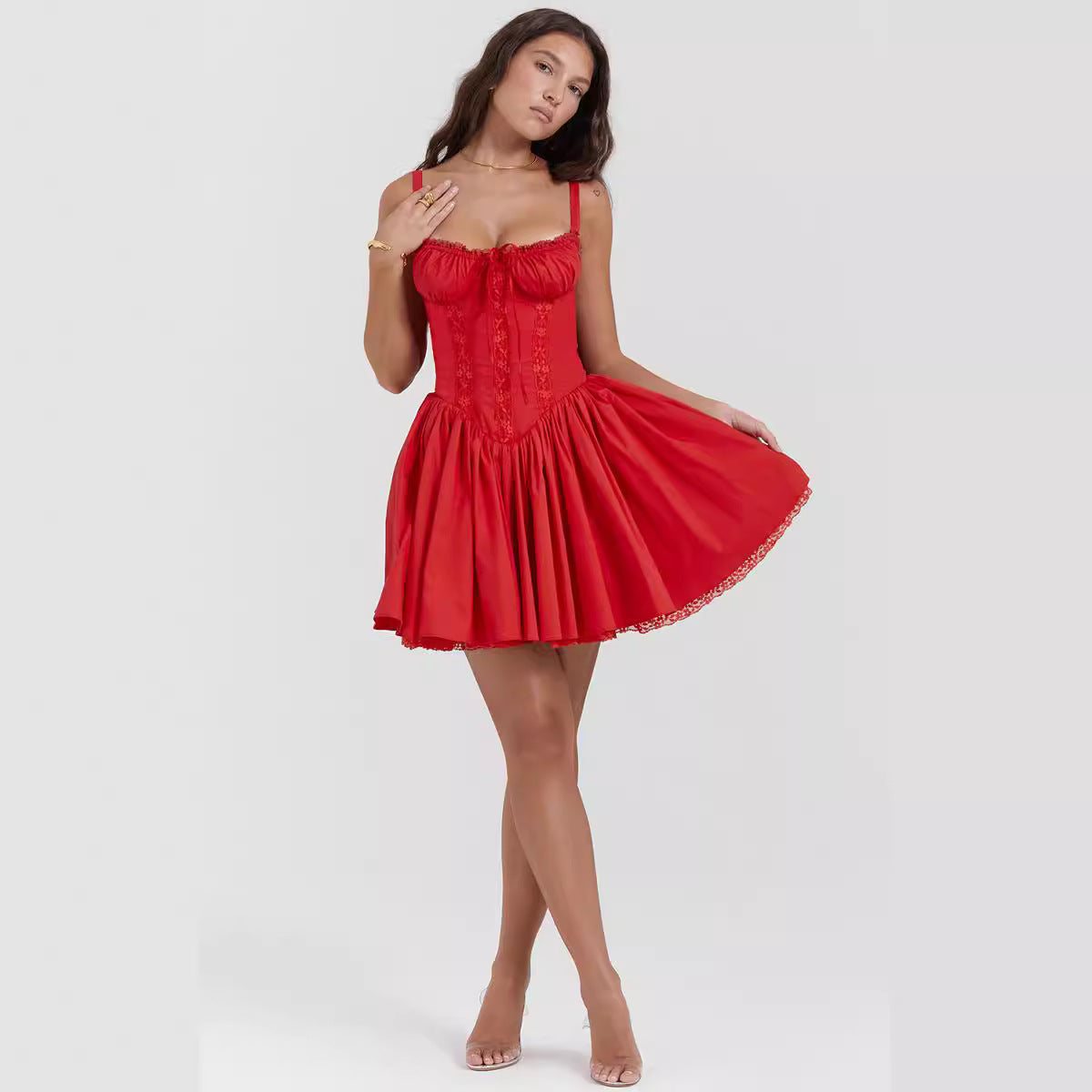 Lace-panelled Cinched-strapped Mini Dress For Women