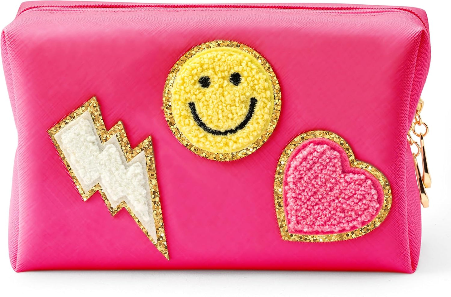 Preppy Patch Small Toiletry Bag Smile Lightning Heart PU Leather Portable Waterproof Makeup Cosmetic Bag Daily Use Storage Purse Travel Organizer Compliant Bag for Women Girls Gift (Pink)