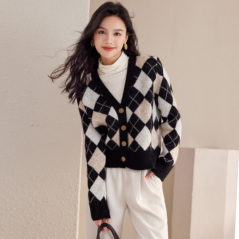 Autumn And Winter New French Minority Short Rhombus Long Sleeve Cashmere Knitted Coat