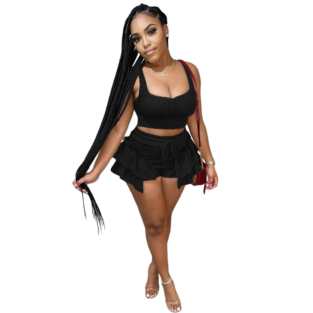 Nightclub Clothes Two-piece Suit Of Solid Color Vest And Shorts With Wooden Ears