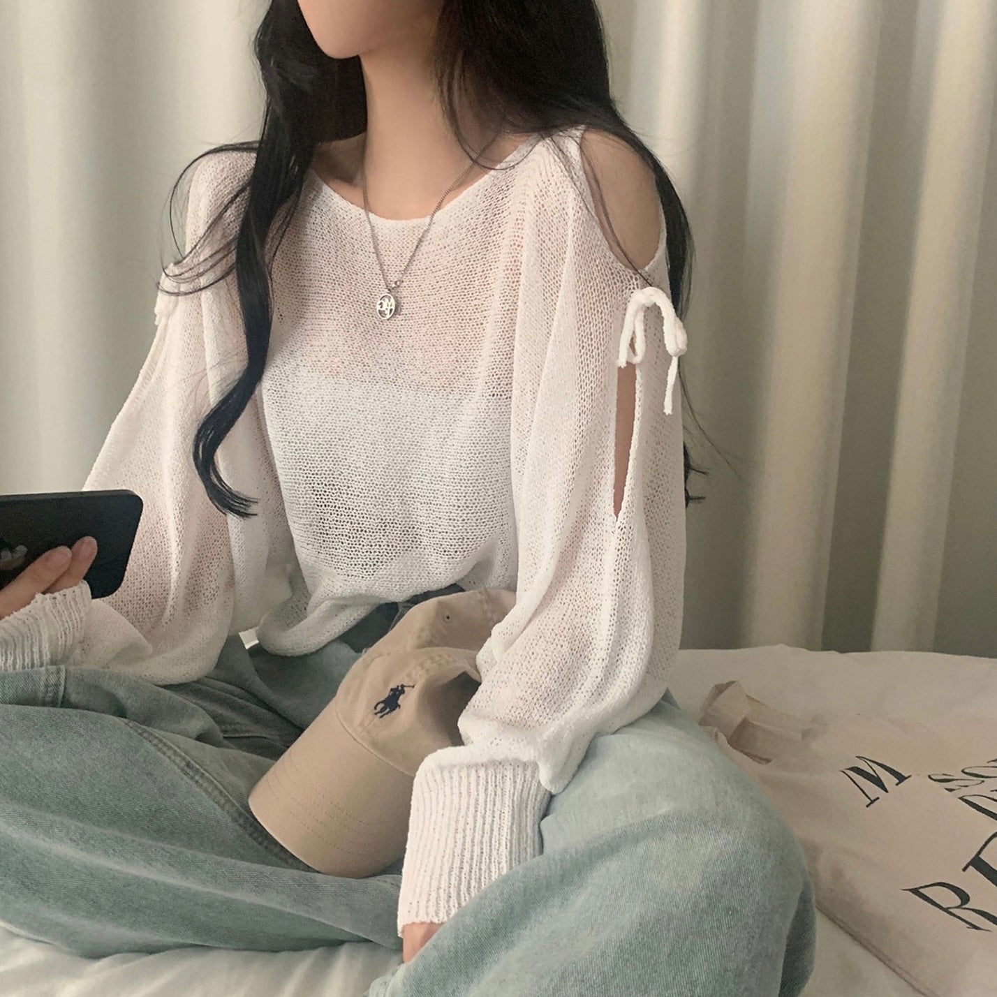 Lace-up Cutout Off-shoulder Loose Sun Protection Sweater Top