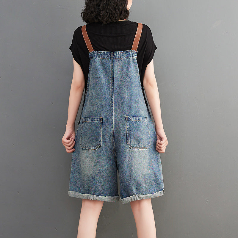 Korean Version Of The New Fat Sister Summer Contrast Color Shoulder Strap Denim Overalls 5 Points
