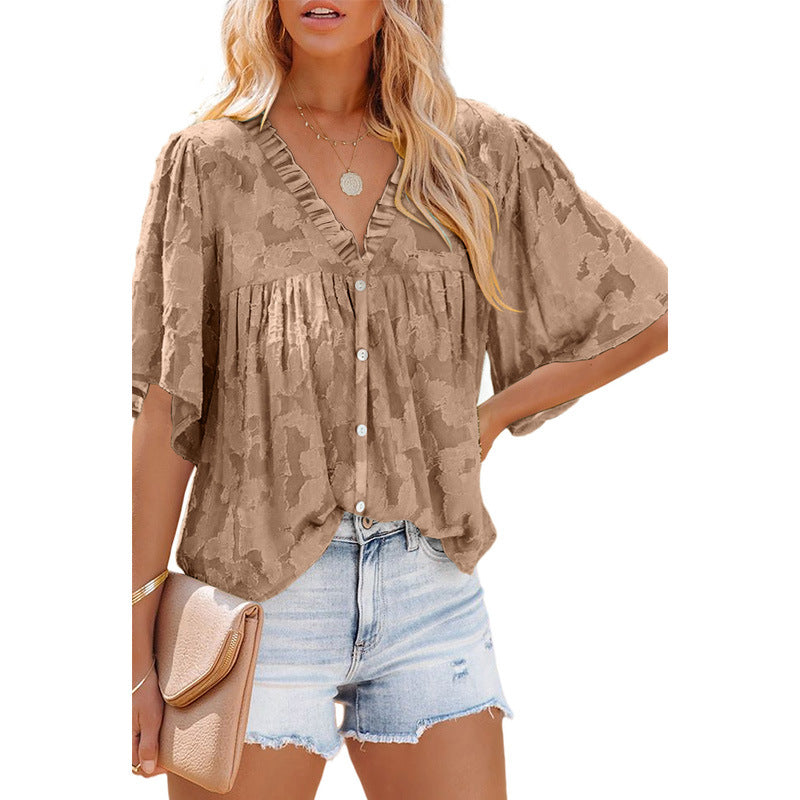 Women's Fashion V-Neck Half Sleeve Chiffon Shirt
