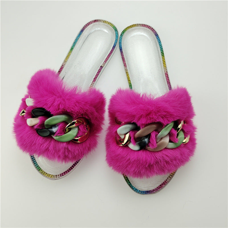 Flat Bottomed Jelly Transparent Large Size Sequined Chain Women's Sandals And Slippers