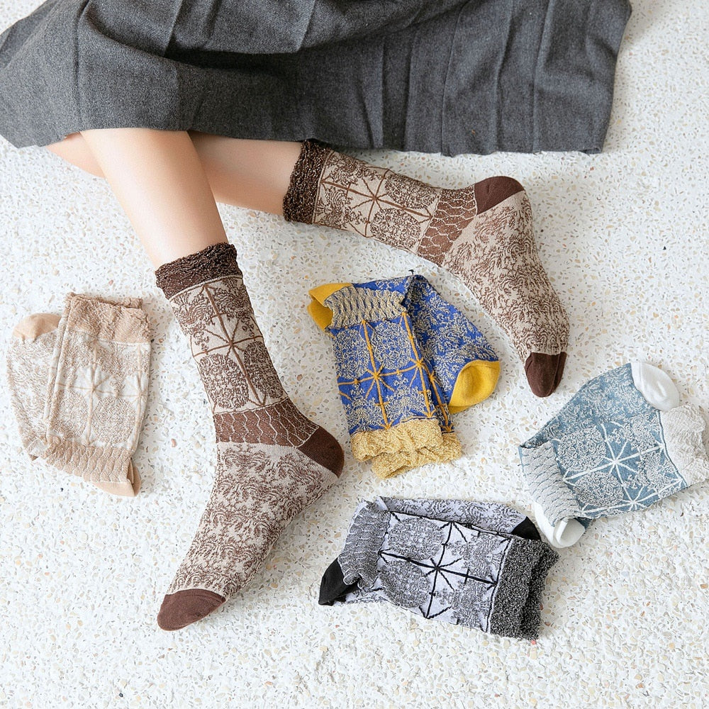 Retro pattern women's socks ethnic style flower socks