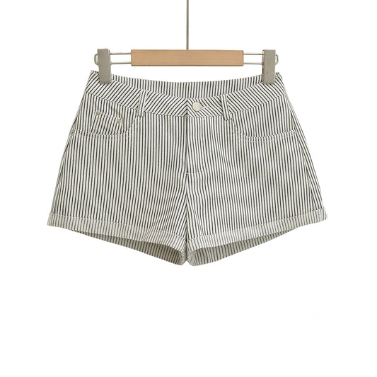 Womens Black And White Striped A-Line Casual Denim Shorts