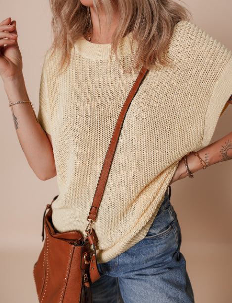 Oatmeal Solid Color Batwing Short Sleeve Round Neck Knit T Shirt