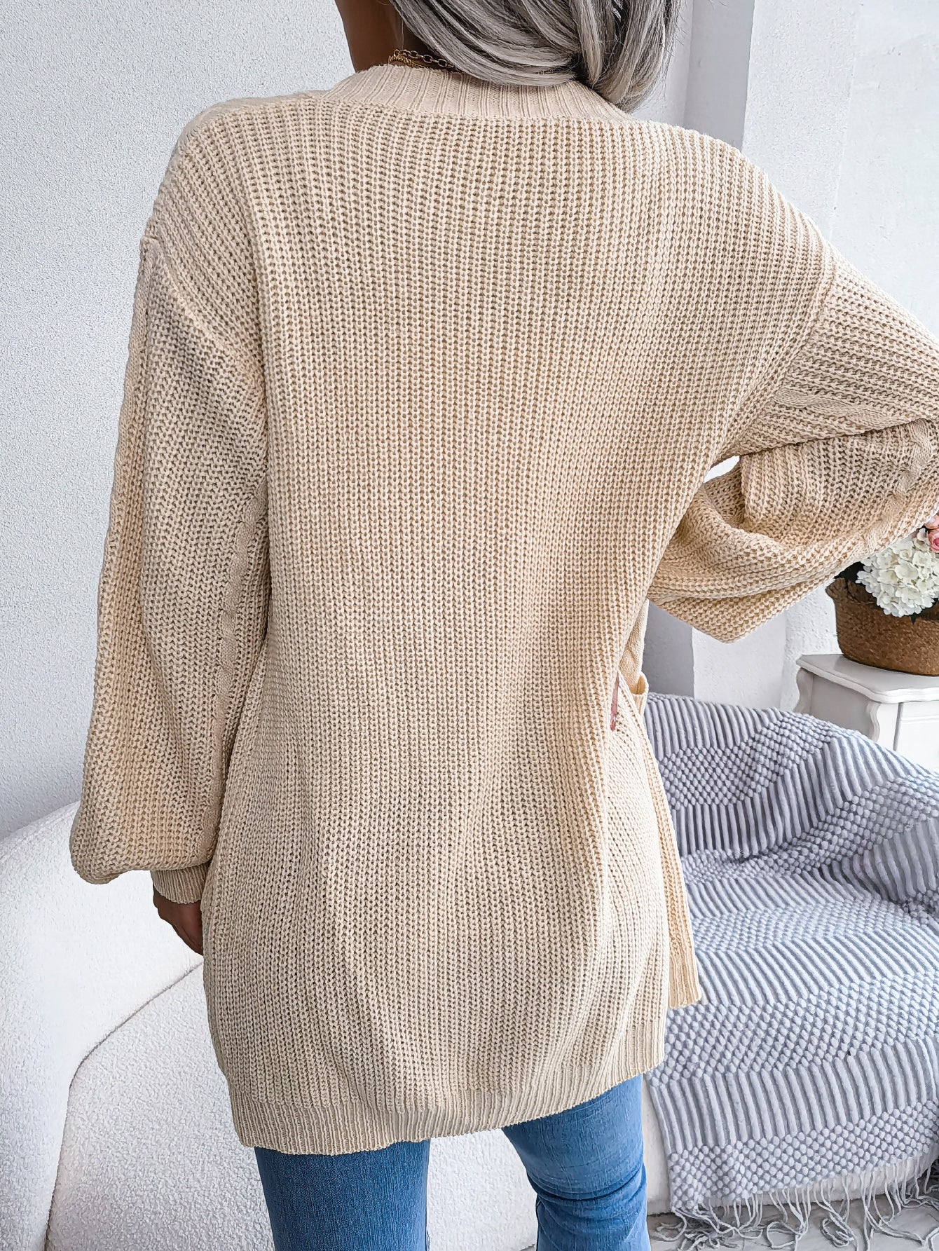Women Cable Knit Lantern Sleeve Pocket Cardigan Sweater Coat