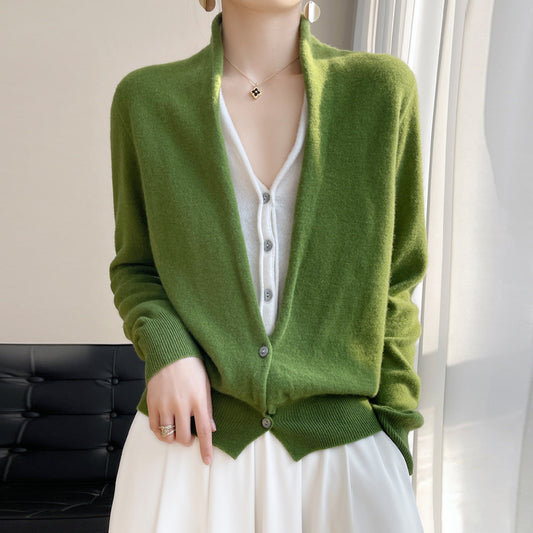 Pure Wool Women's Spring And Autumn V-neck Stitching Coat Knitted Top