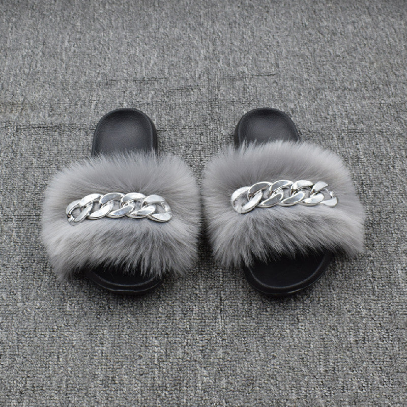 Fur Fur Slippers Chain Faux Fur Flip Flops