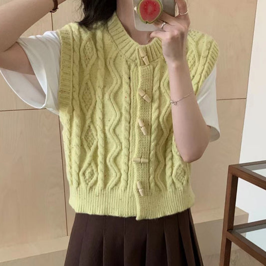 Horn Button Retro Twist Knitted Vest Cardigan For Women