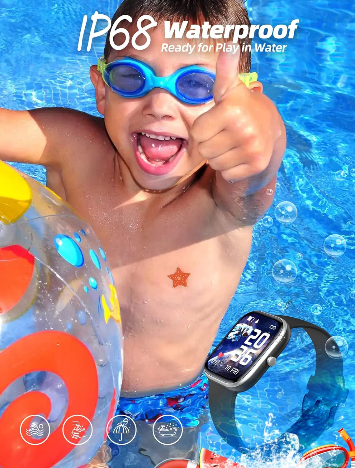 Kids Smart Watch for Boys Girls,Ip68 Waterproof Kids Fitness Activity Tracker Watch,Heart Rate Sleep Monitor,8 Sport Modes,Pedometers,Calories Counter,Alarm Clock,Gifts for Teens 5+ (Black)