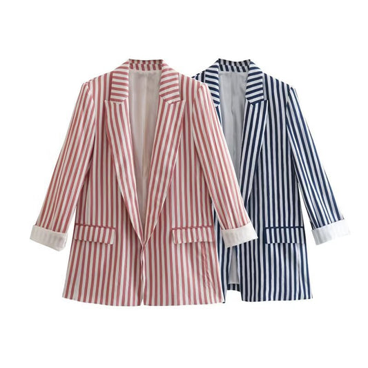 Ladies Lapel Stripe Pocket Trim Jacket