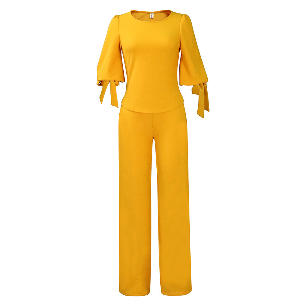 New Casual Set Loose Large Size Tie-up Top High Waist Wide Leg Pants Set