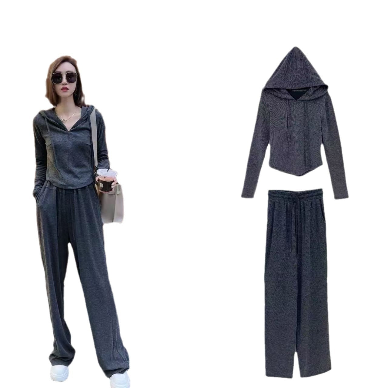 Short Hooded Cardigan Hoodie Two Piece Set With Zippers