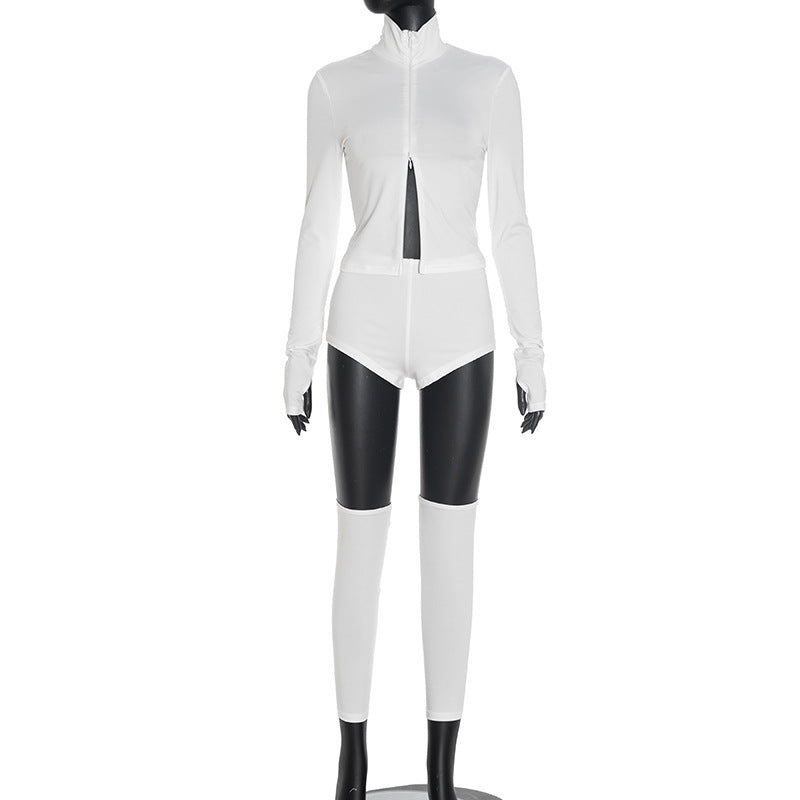 Stand-up Collar Zippered Casual Shorts And Socks Three-piece Set