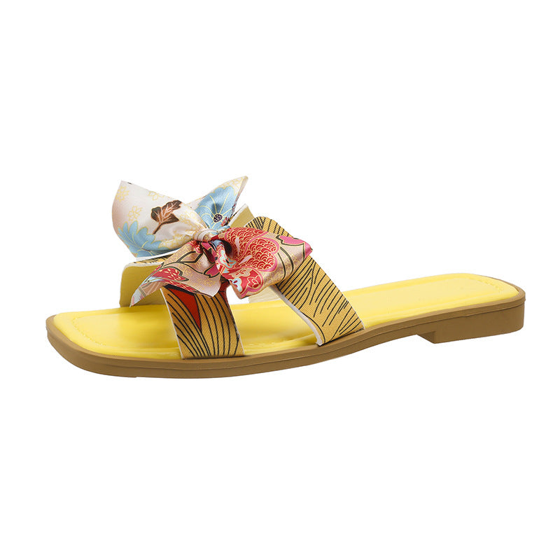 Ribbon Bow Sandaler Sommer Nye Firkantet Tå Lav Hæl Sandal Til Kvinder Slides Mode Afslappede Strandsandaler