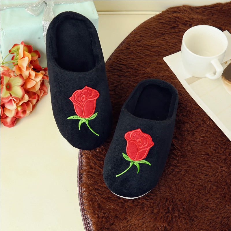 Rose Embroidered Soft Bottom Home Indoor Non Slip Cotton Slippers
