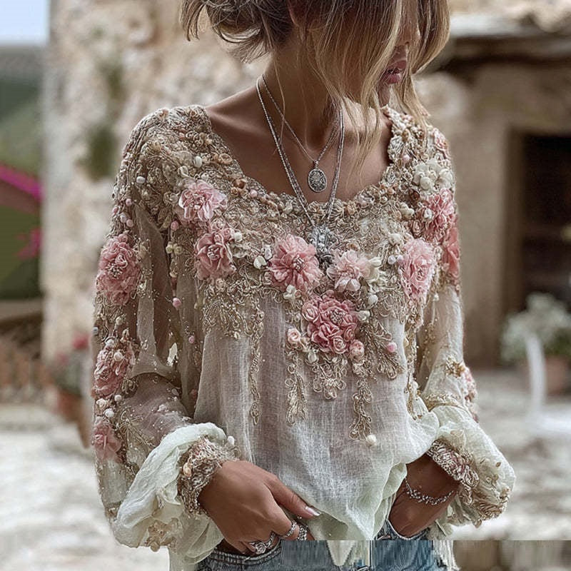 Womens Retro Bohemian Drop-Shoulder Long-Sleeve Top With A Crew Neck