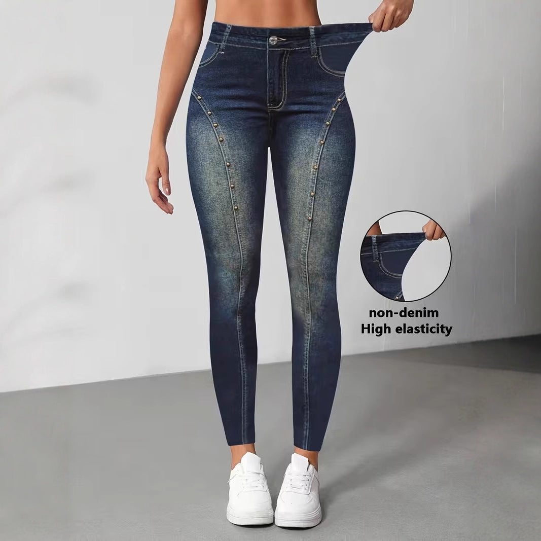 Womens High-Waisted Stretchy Figure-Hugging Printed Pants Casual And Slim-Fit