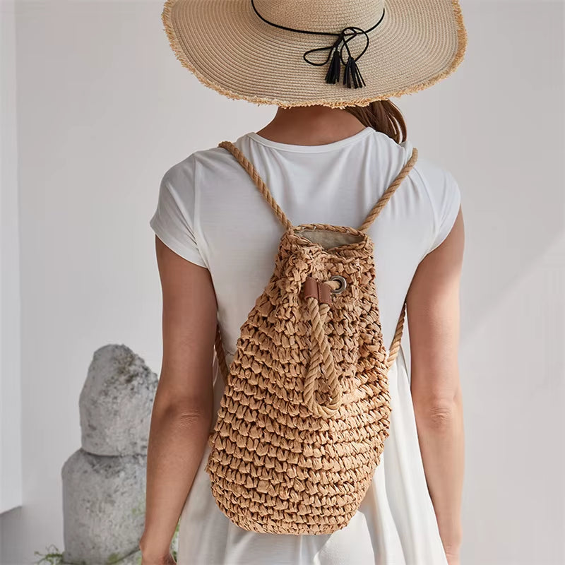 2023 Summer Women's Handmade Straw Backpacks - Casual Drawstring Beach Shoulder Bags in Raffia Rattan Woven Design