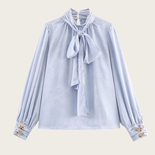 Sleek Jacquard Silk-textured Blouse With A Bow Detail