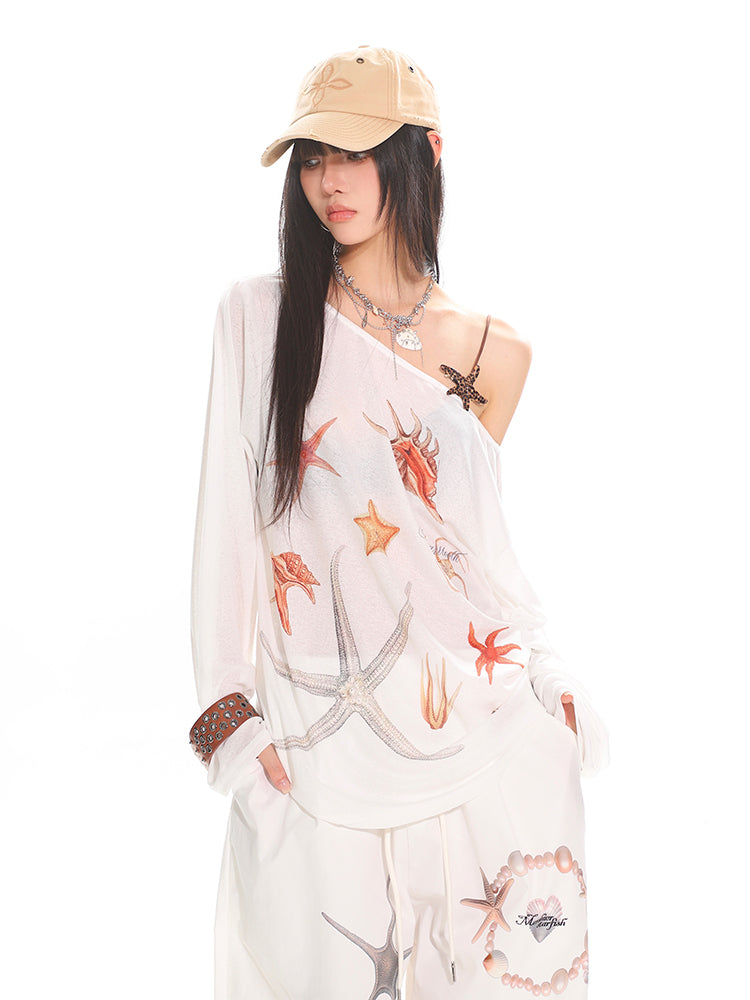 Diagonal Collar Long Sleeve T-shirt Printed See-through Loose Blouse