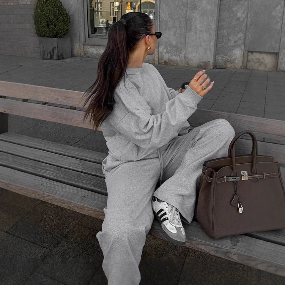Autumn New Simple Loose Gray Round-collar Sweater