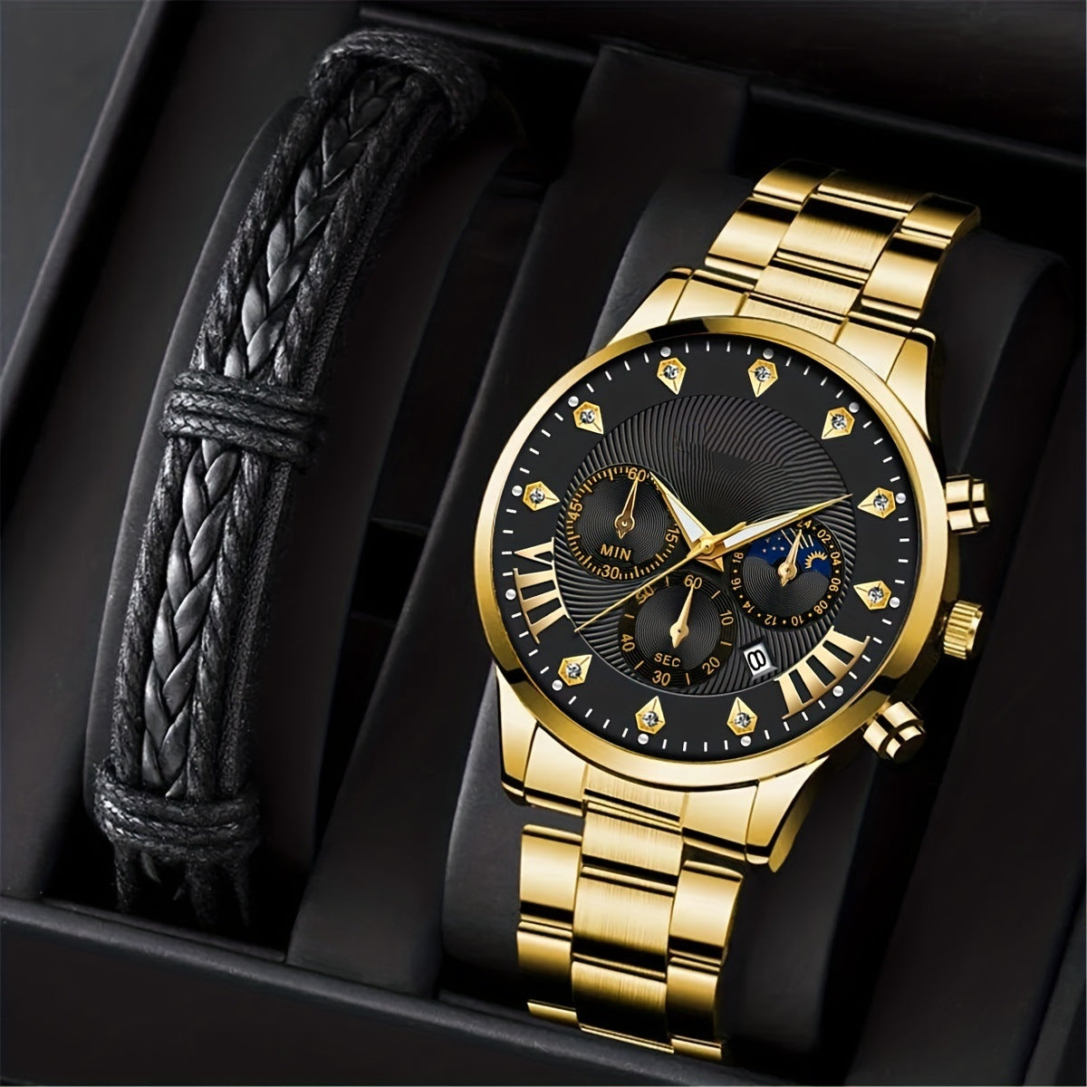 Diamond Men's Steel Strap Watch Sun Moon Star Calendar Quartz