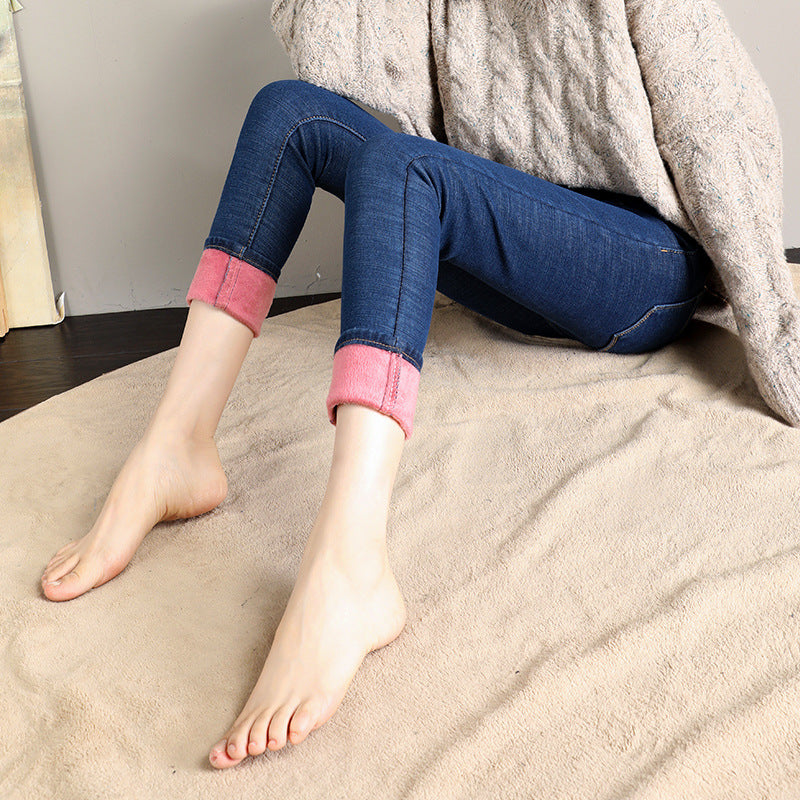 Plush padded high-waisted jeans women's feet pants
