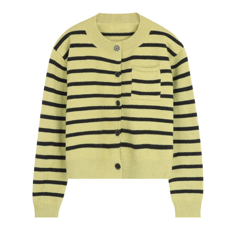 Green Striped Sweater Open Autumn Inner Wear Blouse Long Sleeve Cardigan Retro Cropped Sweater Coat Women