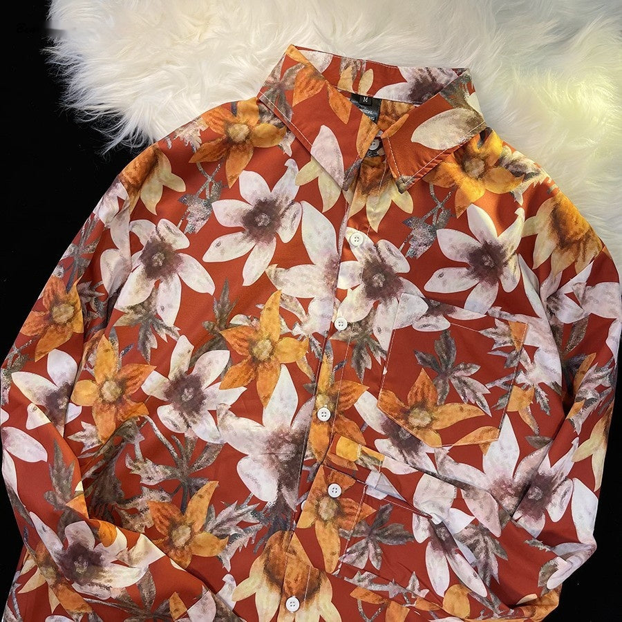 Hong Kong Style Printed Shirt Men's And Women's Loose Long Sleeves