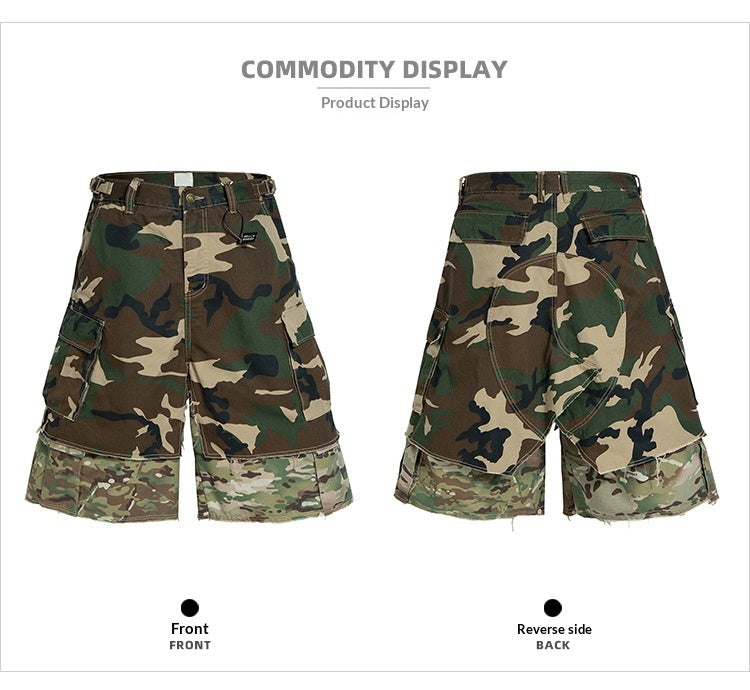 Womens New Silhouette Fake Two-Piece Camouflage Color-Block Denim Cropped Shorts