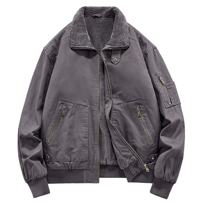 Men's Fleece-lined Washed Cotton Jacket Trendy Windproof