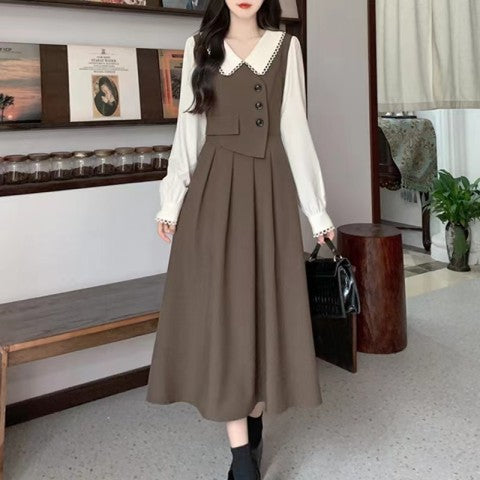 Womens French-Style Retro Patchwork Mock Two-Piece Dress