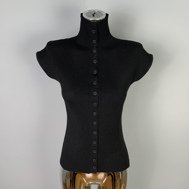 Feminine Single-Breasted Sleeveless Knitted T-Shirt Top
