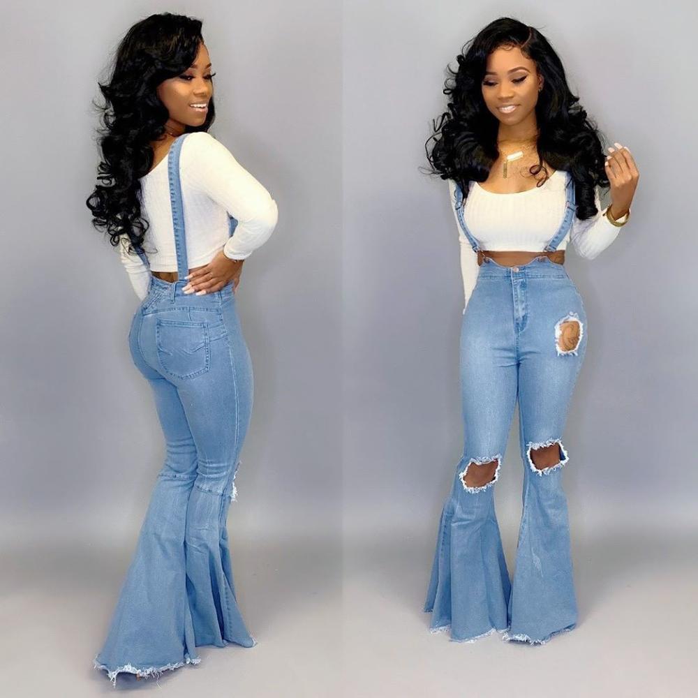 High waist denim flared pants with straps