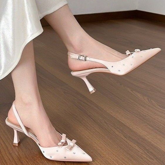 Spring-Summer New Closed Toe Slingback Heeled Sandals For Women, Stiletto Heel With Bowknot, Rhinestone Fashion High Heels, European & American Style