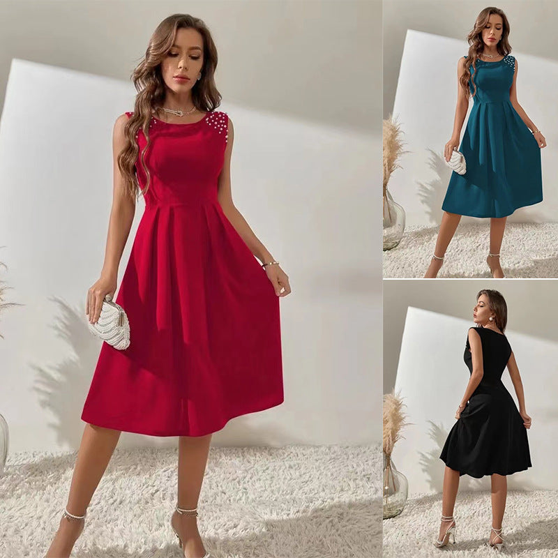 Women's Slim Fitting Round Neck Studded Sleeveless Dress